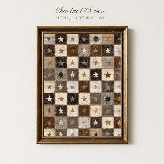 Primitive Checkerboard Star Earth Tone Patchwork Rustic Wall Art, Unframed Paper Poster 8x10in