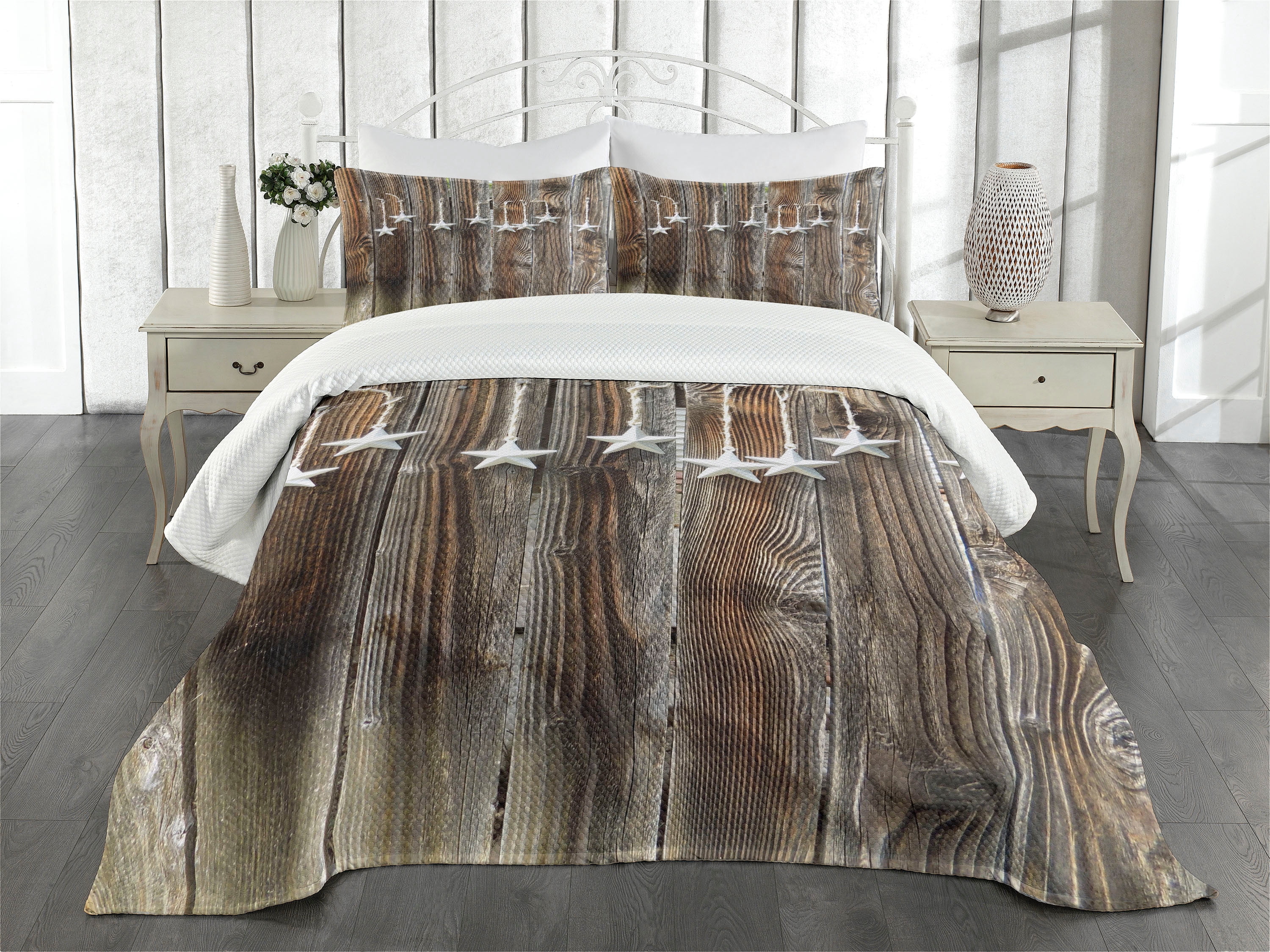 Primitive Country Bedspread Set King Size, Silver Colored Ornate Stars ...