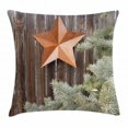 thumbnail image 1 of Primitive Country Decor Throw Pillow Cushion Cover, Big Orange Star on Rough Wood Fences Pine Branches Print, Decorative Square Accent Pillow Case, 20 X 20 Inches, Orange Green Brown, by Ambesonne, 1 of 2