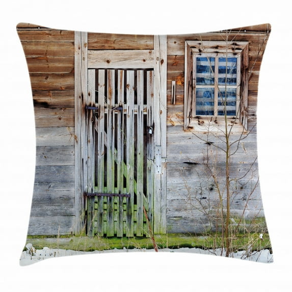 Primitive Country Decor Throw Pillow Cushion Cover, Neglected Old Farmhouse Rustic Wooden Door and Window Rural, Decorative Square Accent Pillow Case, 20 X 20 Inches, Brown Green Silver, by Ambesonne
