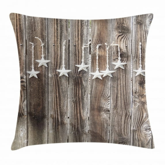 Primitive Country Decor Throw Pillow Cushion Cover, Silver Colored Ornate Stars on Wooden Rustic Fence Cabin Print, Decorative Square Accent Pillow Case, 20 X 20 Inches, Brown Silver, by Ambesonne