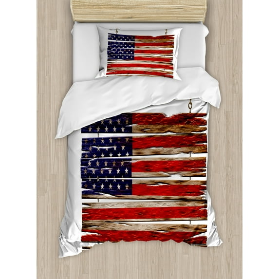 Primitive Country Duvet Cover Set Twin Size, United States Flag Painted Wooden Planks 4th of July Design Illustration, Decorative 2 Piece Bedding Set with 1 Pillow Sham, Multicolor, by Ambesonne