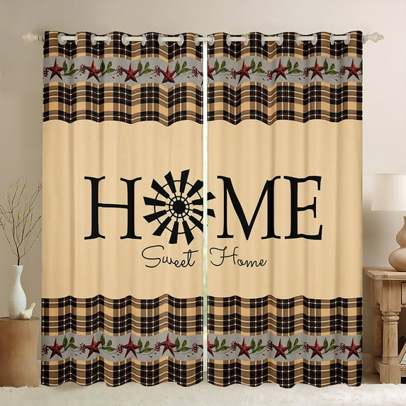 Primitive Country Farmhouse Curtains,Windmill Decor Blackout Curtains 42"Wx63"L 2 Panels,Tan Khaki Black Plaid Curtains & Drapes Western Vintage Window Curtains Rustic Farmhouse Bedroom Decor