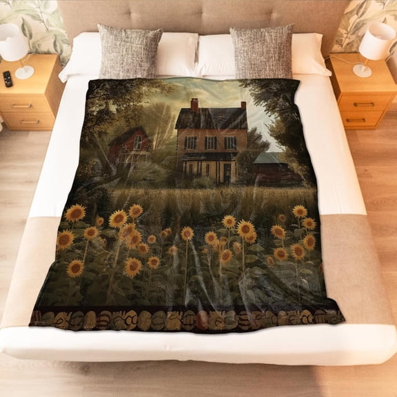 Primitive Country Home Sunflower Throw Blanket Farmhouse Wild Grass Soft and Comfortable Fleece Flannel Big Blanket for Bedding Office Sofa and Chair Decor Gift (60 x 80 inches)