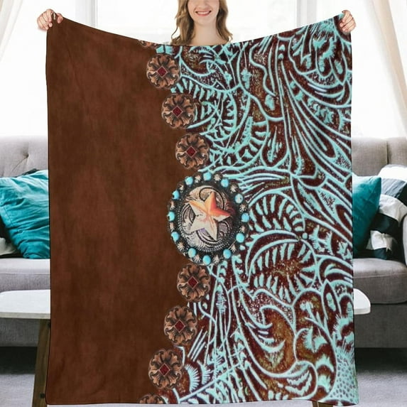 Primitive Cowboy Cowgirl Western Country Brown Turquoise Flannel Fleece Throw Blankets 50"X40" Fluffy Winter Fall Blanket Cozy Soft Fuzzy Plush Home Decor For Couch Bed Sofa Bedroom Living Room Travel
