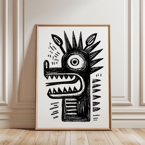 Primitive Creature Print, Abstract Tribal Linocut Art
