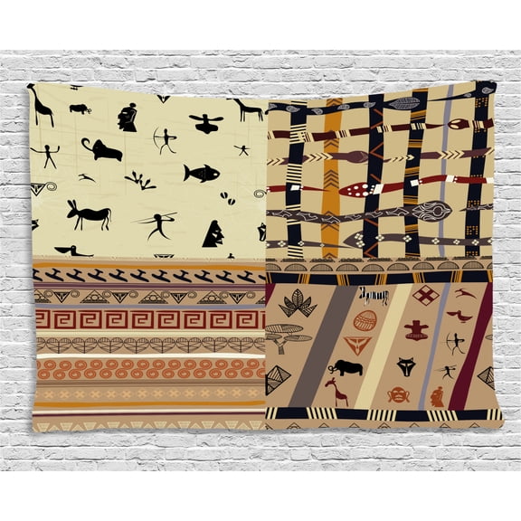 Primitive Decor Tapestry, Native Hunting Animals in Wild Elephant Zebra Fish Snake Tribal Patterns, Wall Hanging for Bedroom Living Room Dorm Decor, 60W X 40L Inches, Black Beige, by Ambesonne