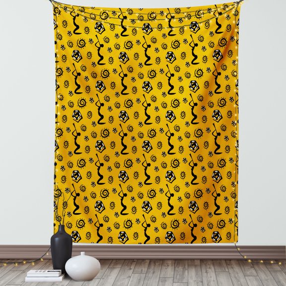 Primitive Decor Tapestry, Silhouette of An African Women Musical Instrument and Snakes Pattern, Wall Hanging for Bedroom Living Room Dorm Decor, 40W X 60L Inches, Yellow Black, by Ambesonne