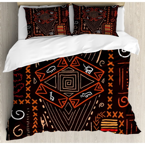 Primitive Duvet Cover Set King Size, Aboriginal Style Patterns Tribal Motifs Objects Collage of Cave Pictures Print, Decorative 3 Piece Bedding Set with 2 Pillow Shams, Black Orange, by Ambesonne