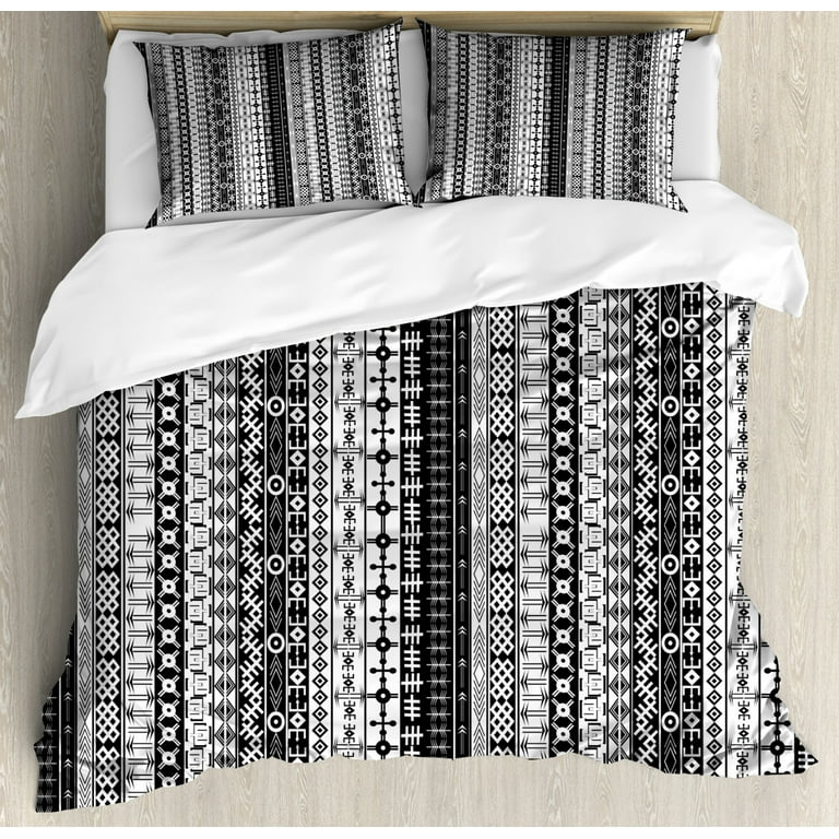Primitive Duvet Cover Set King Size Black and White Tribal Motifs