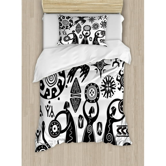 Primitive Duvet Cover Set Twin Size, Dancing Shaman Eagle Sun Snake Figure Prehistoric Cave Drawing Tribal Folk Theme, Decorative 2 Piece Bedding Set with 1 Pillow Sham, Black White, by Ambesonne