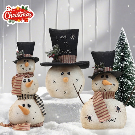 Primitive Fabric Snowman Tabletop Ornaments, Vintage Farmhouse Christmas Figurines, Decor for Indoor and Outdoor, Rustic Desktop Statues for Mantel, Window Sill and Winter Family Party Decorations