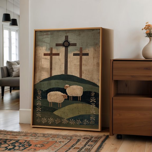 Primitive Folk Crosses And Poster Sheep In Rustic Christian Art , Poster Print Only