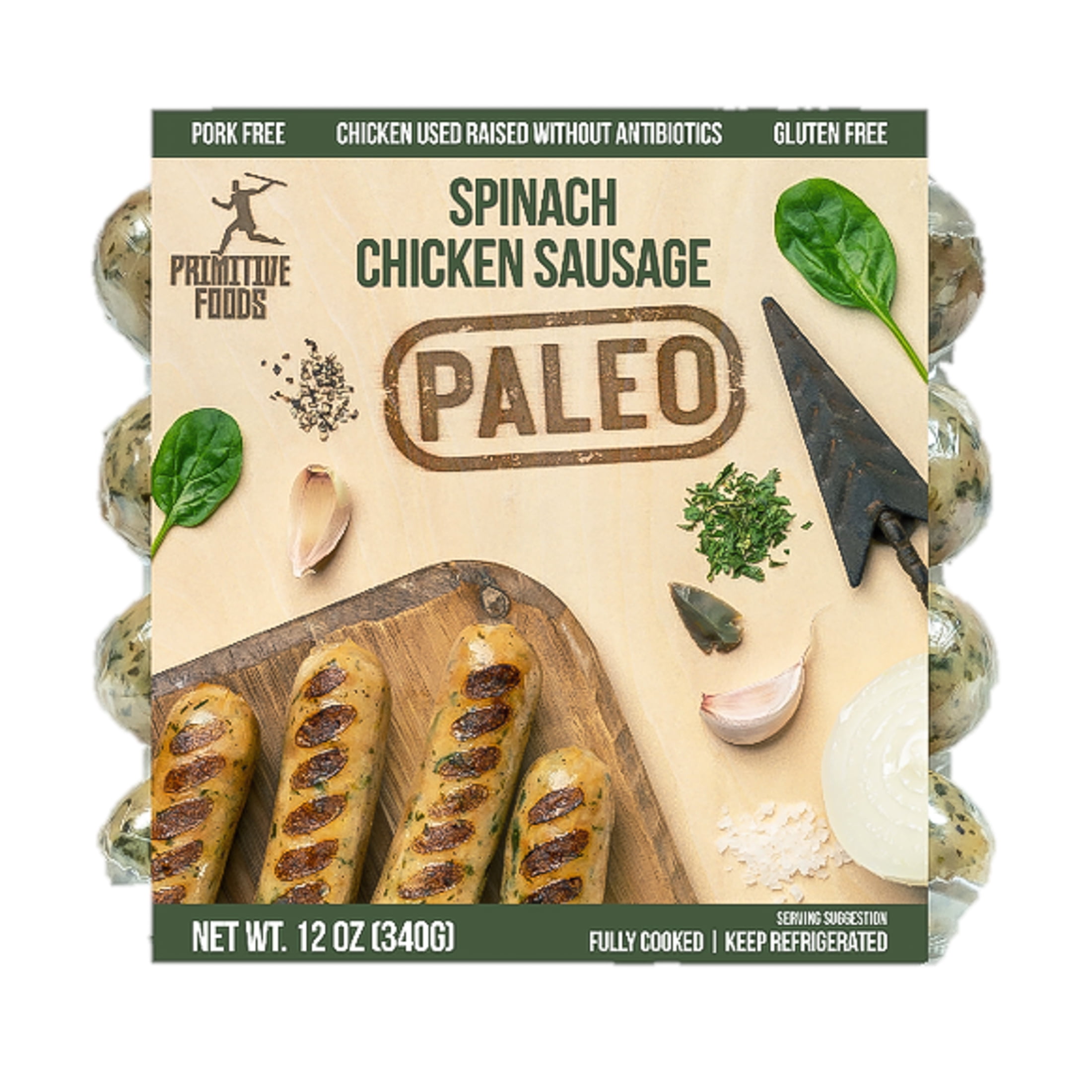 Primitive Foods Paleo Spinach Chicken Sausage, 4 Ct, 12 oz, Packaged