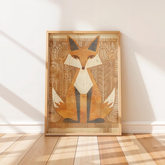 Primitive Fox Cozy Folk-Art Decor Rustic Geometric Hand-Painted Nature Scene Decorative Wall Art Poster , Poster Print Only