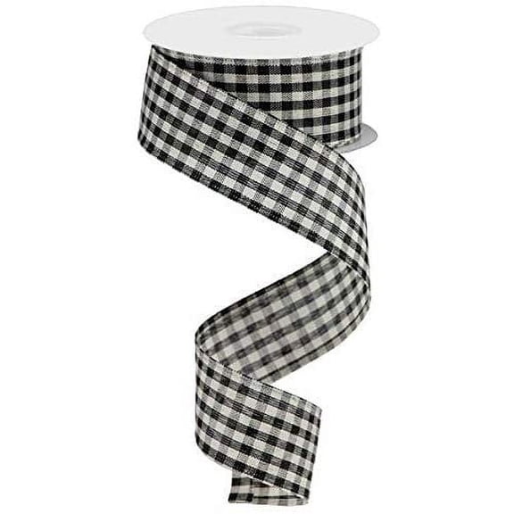 Primitive Gingham Check Wired Edge Ribbon, 10 Yards Black, Beige, 1.5"