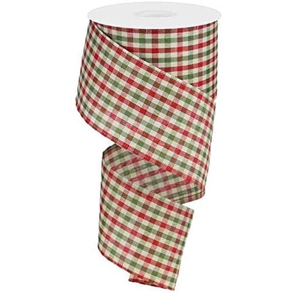 Primitive Gingham Check Wired Edge Ribbon, 10 Yards Red, Moss, Ivory, 2.5"