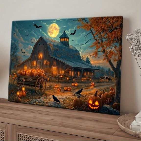 Primitive Halloween Barn Wall Art Print, Pumpkin Fall Decor