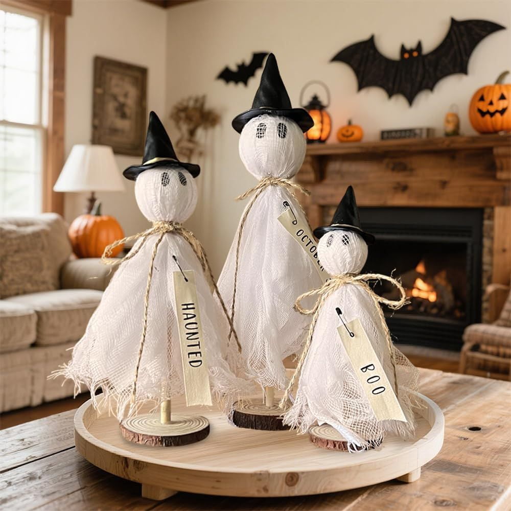 Primitive Halloween Ghost Set with Wizard Hats on Wooden Stands for Rustic Home Decor