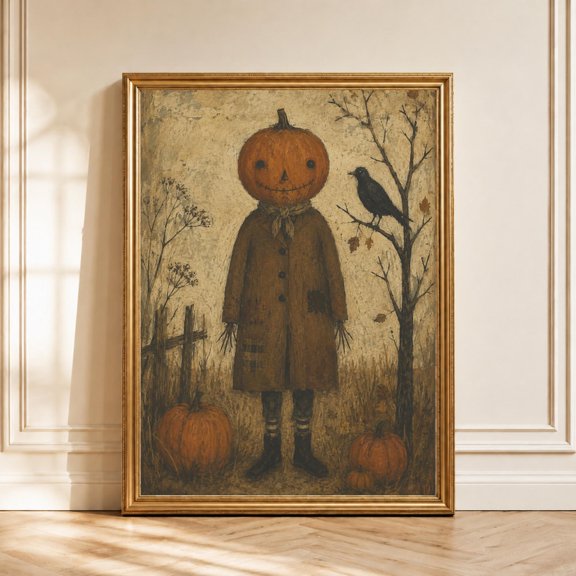Primitive Halloween Pumpkin Head Scarecrow Vintage Lantern Crow Poster