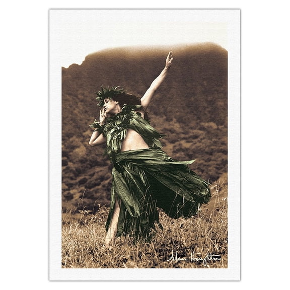 Primitive Hula - Hawaiian Hula Dancer - From an Original Hand Colored Photograph by Alan Houghton - Fine Art Rolled Canvas Print 27in x 40in