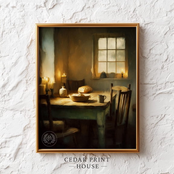 Primitive Kitchen Table Vintage Interior Moody Cozy Dining Scene Warm Lighting Wall Decor