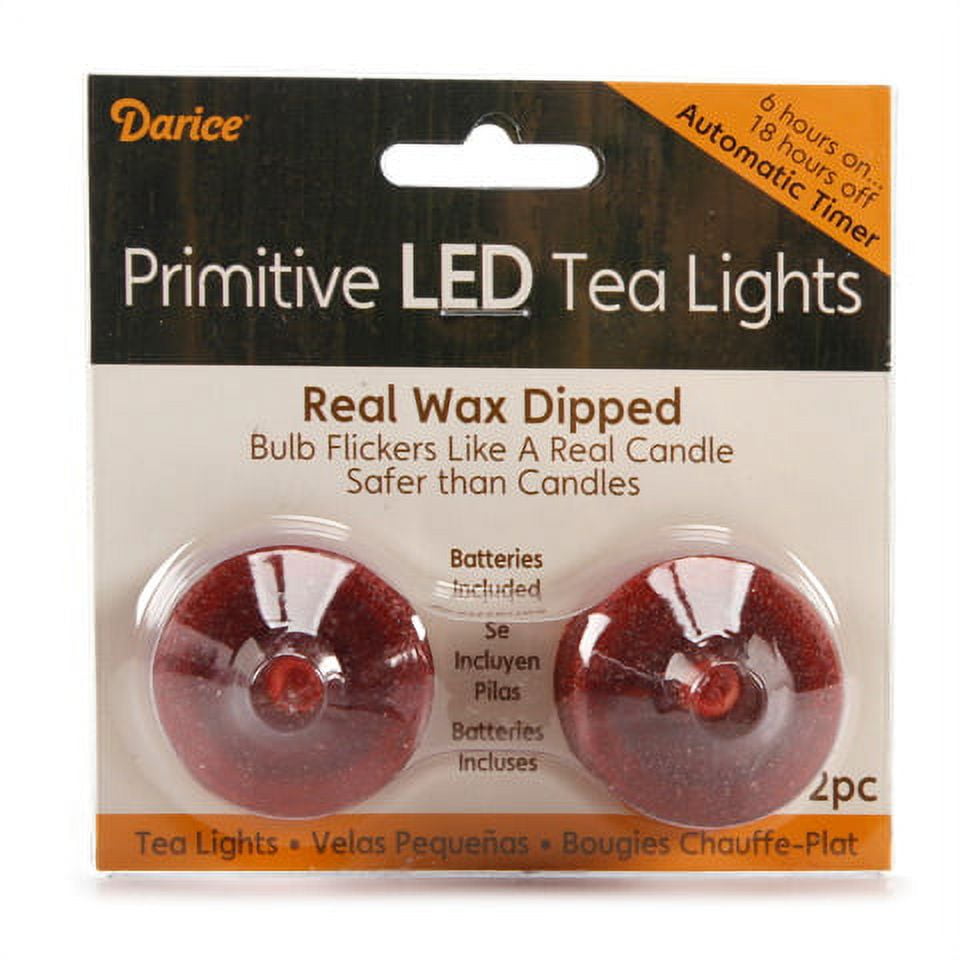 Primitive LED Tea Lights with Timer Wax Dipped Burgundy/Sand 2