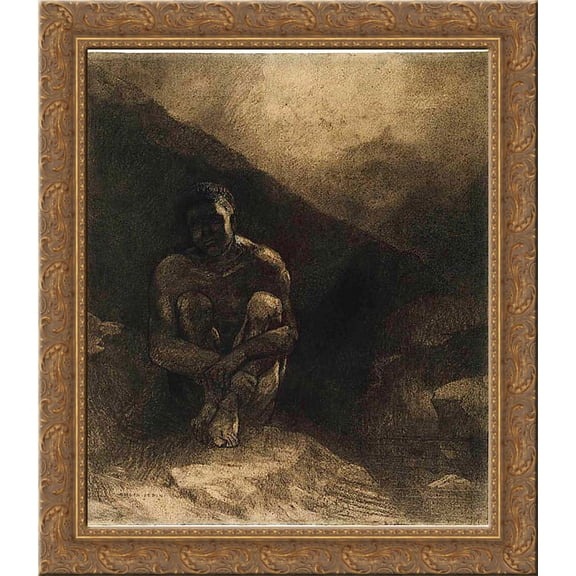 Primitive Man Seated in Shadow 20x20 Gold Ornate Wood Framed Canvas Art by Redon, Odilon