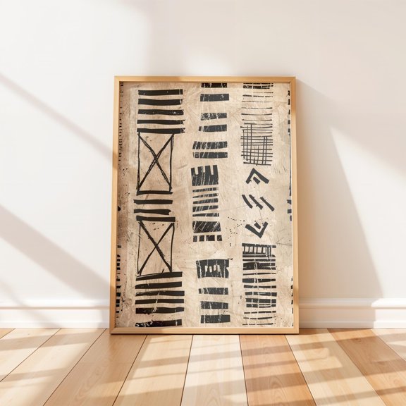Primitive Mark-Making Pattern Art Neutral Rustic Tribal-Inspired Design Hand-Drawn Tribal Decorative Wall Art Poster , Poster Print Only