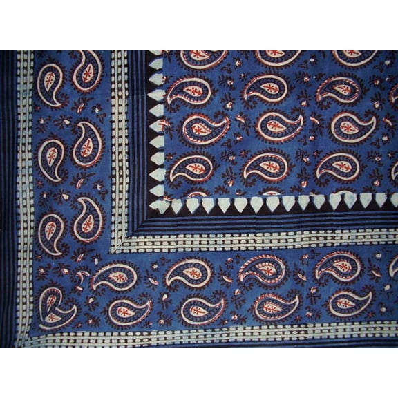 Primitive Paisley Block Print Tapestry Cotton Bedspread 108" x 108" Queen-King Blue