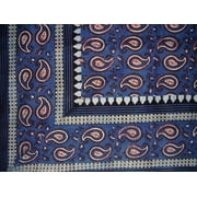 Primitive Paisley Block Print Tapestry Cotton Bedspread 108" x 88" Full-Queen Blue