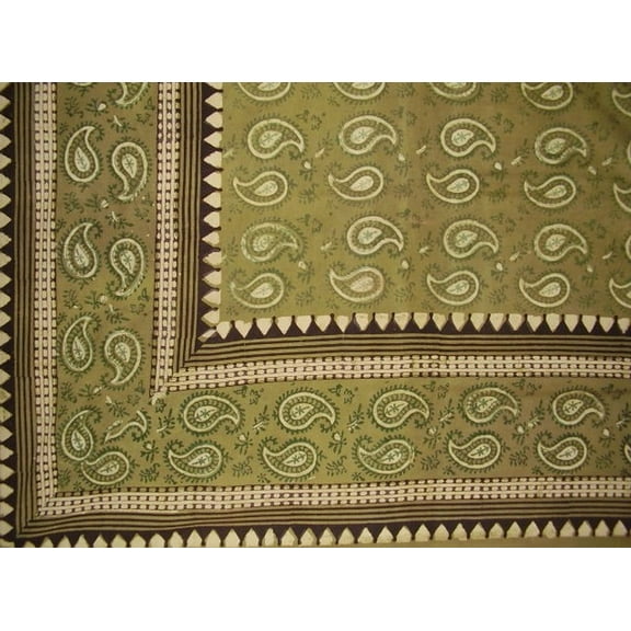 Primitive Paisley Block Print Tapestry Cotton Bedspread 108" x 88" Full-Queen Green