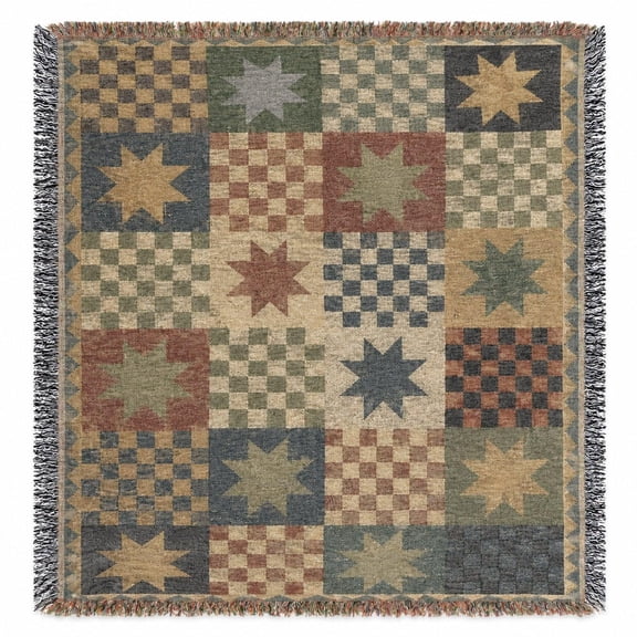 Primitive Patchwork Stars in Mustard, Red and Green Woven Blanket, 100% Cotton, Rustic Farmhouse Decor