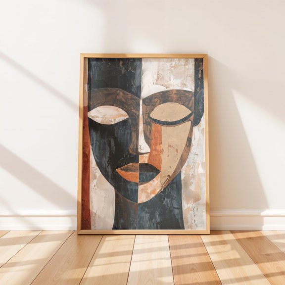 Primitive Portrait Art Split-Face Earthy Tone Geometric Decorative Wall Art Poster , Poster Print Only