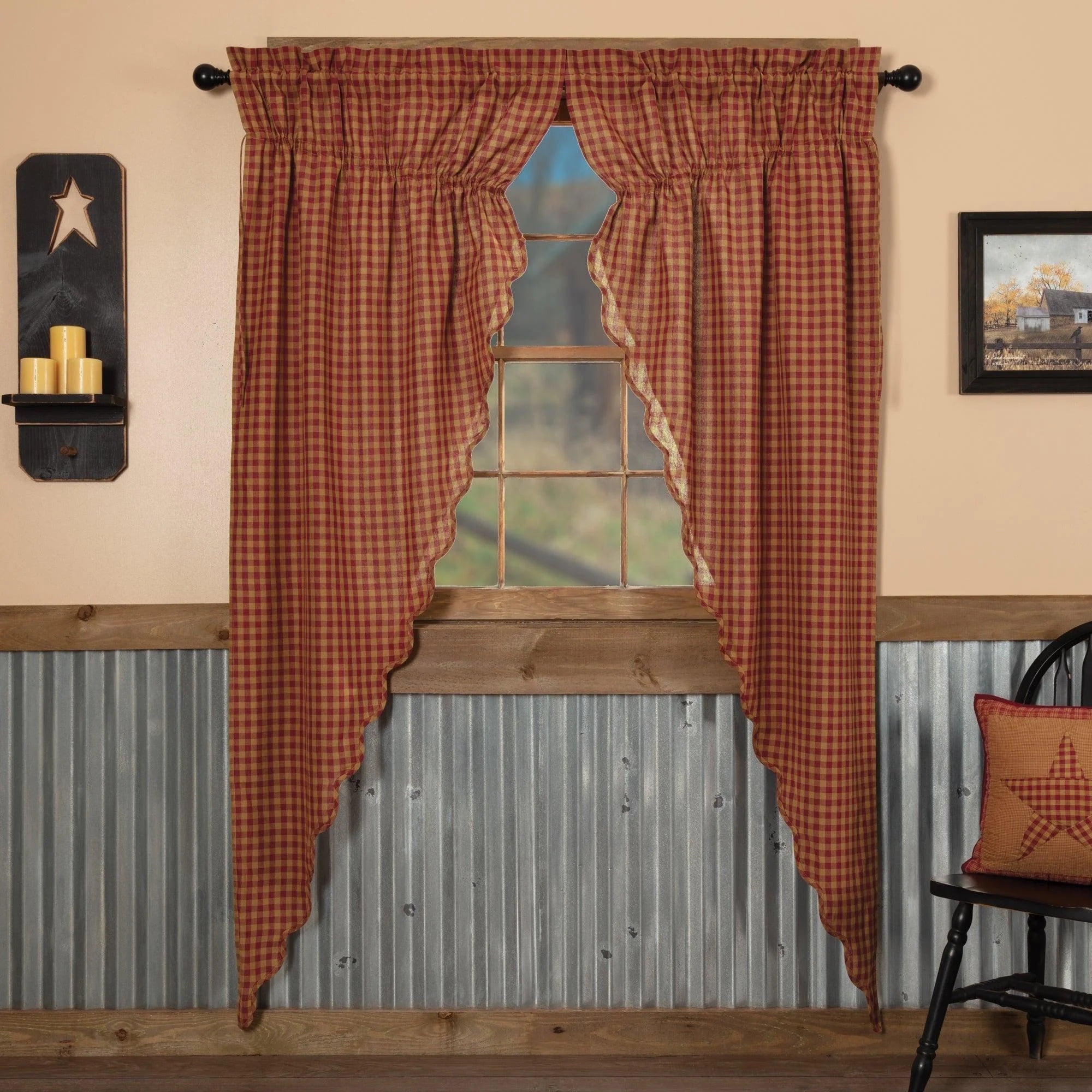 Burgundy and Tan Cotton Scalloped Prairie Window Panels, 84' Long