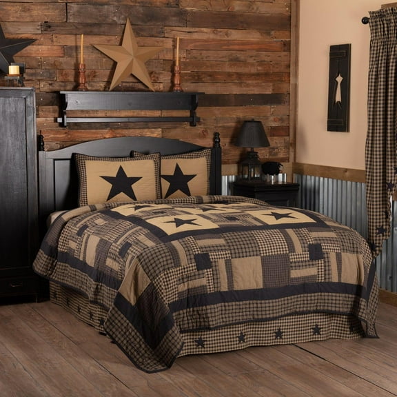 Primitive Quilt Set Black Check Appliqued Stars Bedroom Decor TCC Brands