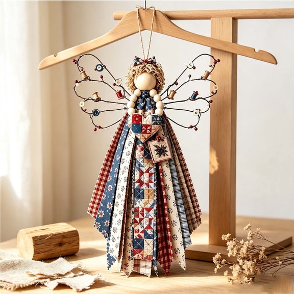 Primitive Quilt Sewing Ornament, Patriotic Fabric Wall Hanging with Vintage Spool Buttons and Handmade Patchwork for Quilter Rooms, 4th of July, and Thanksgiving Home Decor