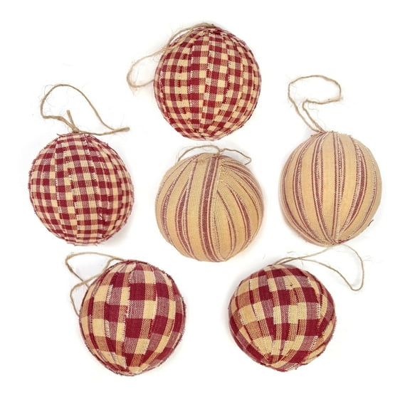 Primitive Red Plaid Homespun Fabric 2.5 inch Christmas Ball Ornaments - Set of 6 - by Marilee Home