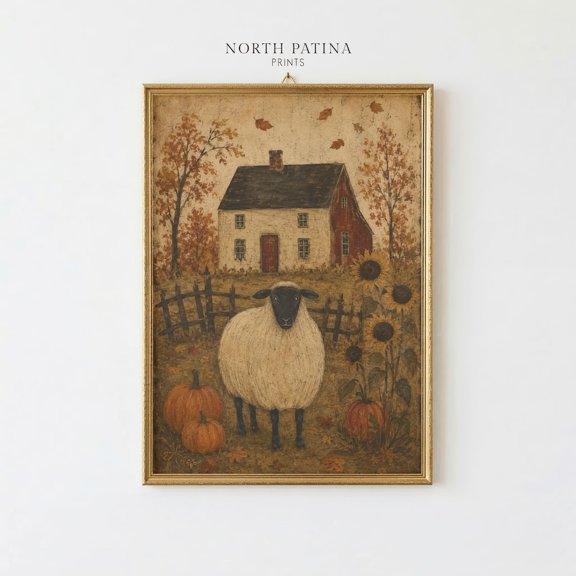 Primitive Sheep Autumn Pumpkin Folk Farmhouse Wall Art Poster