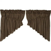 VHC Brands Burgundy Check Primitive 63"x36"x18" Prairie Panel Pair Red Rod Pocket Cotton Drawstring Ties Window Curtains