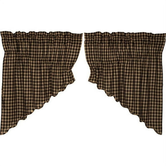 Primitive Swag Set Country Check Scalloped Kitchen Window Curtains TCC Brands
