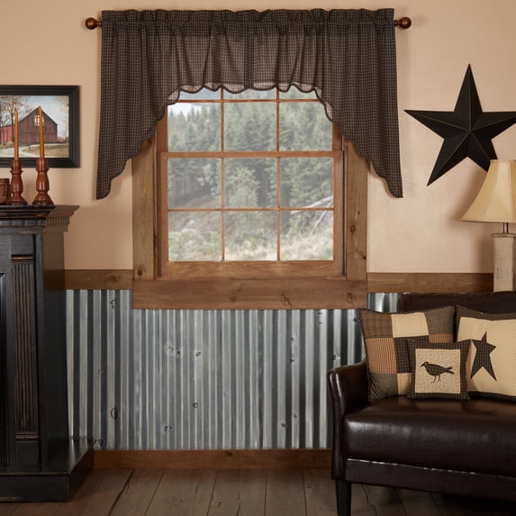 Primitive Swag Set Kettle Grove Plaid Black Tan Scalloped Kitchen Window Curtains TCC Brands