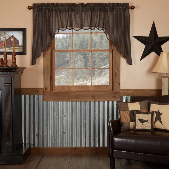 Primitive Swag Set Kettle Grove Plaid Black Tan Scalloped Kitchen Window Curtains TCC Brands