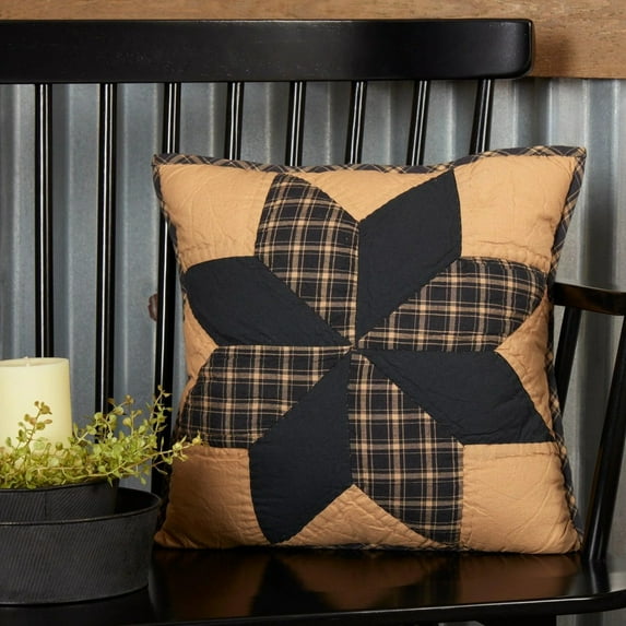 Primitive Throw Pillow 16x16 Dakota Star Quilted Patchwork Black Tan TCC Brands