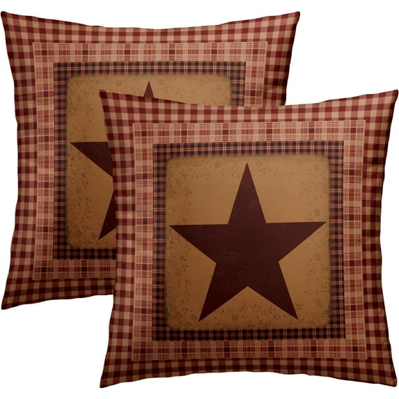 Primitive Throw Pillow Covers 16x16 Inch Western Star Pillowcase Cushion Cover Vintage Home Decor Pillow Case Red \u200bCheck Star Cotton Pillow Cover for Couch,Set of 2