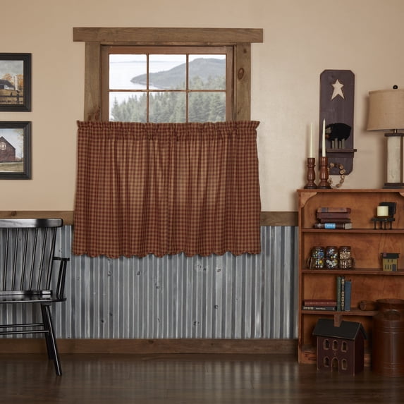 Primitive Tier Set Country Check Scalloped Cafe Kitchen Window Curtain TCC Brands