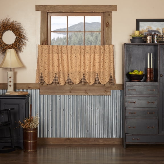 Primitive Tier Set Maisie Floral Check Scalloped Black Tan Cafe Kitchen Curtains TCC Brands