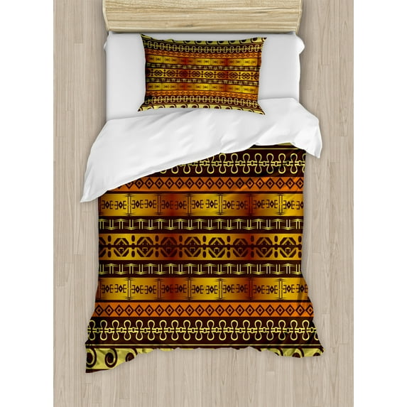 Primitive Twin Size Duvet Cover Set, Indigenous Geometric Motifs with Ethnic Ornament Traditional Tribal Figures, Decorative 2 Piece Bedding Set with 1 Pillow Sham, Brown Yellow, by Ambesonne