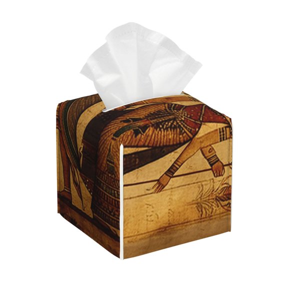 Primitive Vintage Egyptian Square Faux Leather Tissue Box Cover, PVC Paper Holder with Hook and Loop Closure