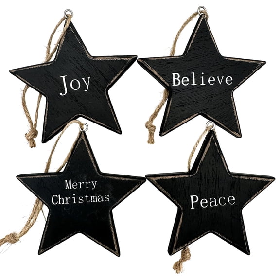 Primitive Wood Black Stars Ornaments Lot of 4 Family Simplify Believe Faith Country Christian - Hearthside